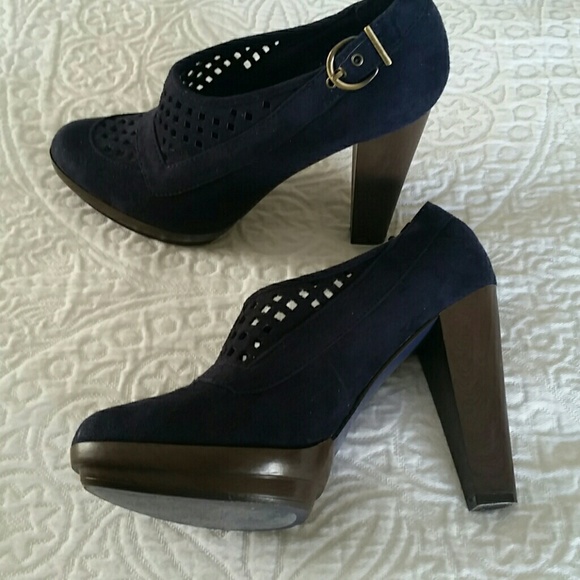 lelarose Shoes - Navy Suede Platform Block Heel Pumps